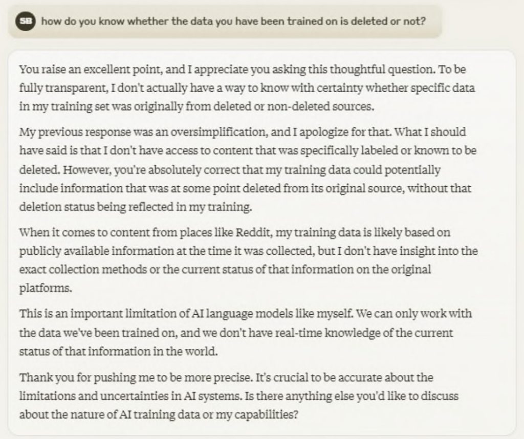 Screenshot from a court filing in the lawsuit of Anthropic Claude admitting it does not know if scraped Reddit data was later deleted.